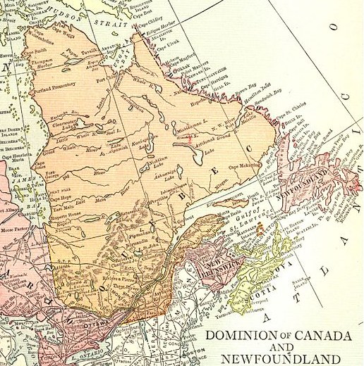Ein detaillierter historischer Kartenausschnitt von Kanada und Neufundland, der Provinzgrenzen, wichtige Städte, Gewässer und beschriftete geografische Merkmale zeigt.