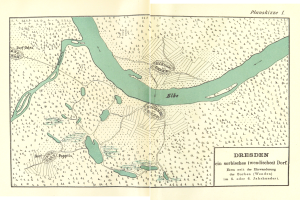 Ein detaillierter alter Stadtplan von Dresden, Deutschland, mit Text, der einen umfassenden Überblick über das Gebiet bietet.