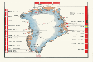 Eine Karte von Grönland mit der Ausdehnung des arktischen Meereises markiert, gefüllt mit Text und Zahlen, die den Bereich detailieren.