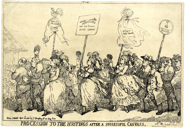Schwarz-weiß-Illustration einer Menge mit Schildern, auf denen "Prozession zum Hustings nach einem erfolgreichen Canvas" steht