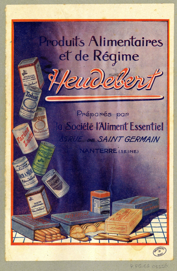 Plakat mit der Aufschrift "Heidelberg - Produkte für Ernährung und Diät Heidelberg" mit verschiedenen Lebensmitteln und Verpackungen.