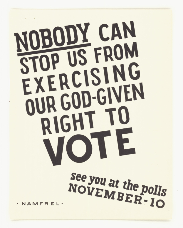 Plakat mit fettem schwarzem Text auf einem weißen Hintergrund, der besagt "Niemand kann uns daran hindern, unser Gottgegebenes Recht auf Wahl auszuüben" eingerahmt von einem schmalen schwarzen Rand.