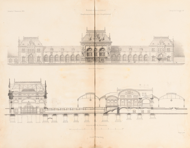 Ein detailliertes architektonisches Zeichnung eines prächtigen Palastes mit vielen Fenstern, Bögen und Säulen.