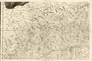 Ein detaillierter alter Plan von Sachsen, Deutschland, der geografische Merkmale wie Flüsse, Berge und Städte zeigt, mit begleitendem Text, der Informationen über die Region und ihre Bewohner bereitstellt.