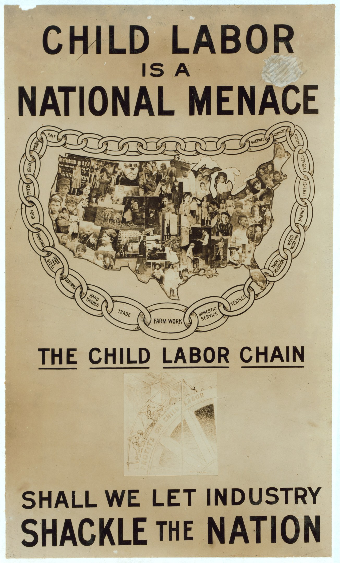 Plakat mit der Aufschrift "Kinderaarbeitung ist eine nationale Bedrohung - Sollen wir zulassen, dass die Industrie das Land fesselt" in fetter schwarzer Schrift auf weißem Hintergrund, das eine vielseitige Gruppe von Menschen zeigt, die gemeinsam stehen.