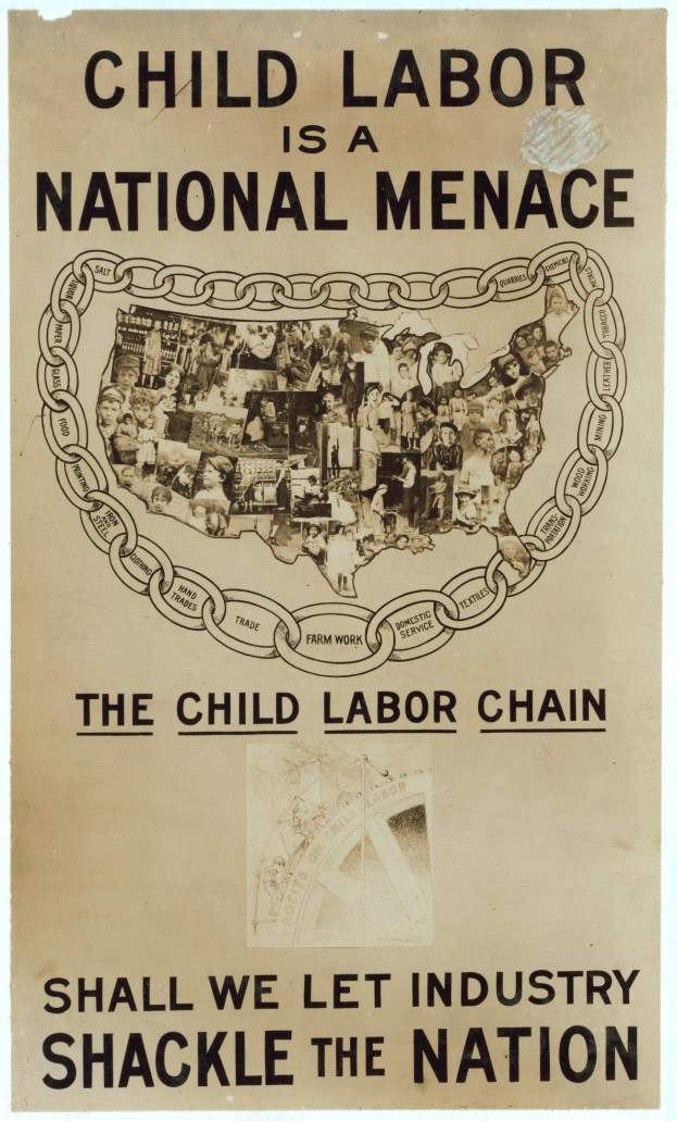 Plakat mit der Aufschrift "Kinderaarbeitung ist eine nationale Bedrohung - Sollen wir zulassen, dass die Industrie das Land fesselt" in fetter schwarzer Schrift auf weißem Hintergrund, das eine vielseitige Gruppe von Menschen zeigt, die gemeinsam stehen.