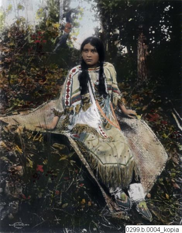 Altes Foto eines indigenen amerikanischen Mädchens, das auf einem Felsen in einem bewaldeten Gebiet mit Bäumen und Pflanzen sitzt, mit der Beschriftung "Indigenes amerikanisches Mädchen" unten.