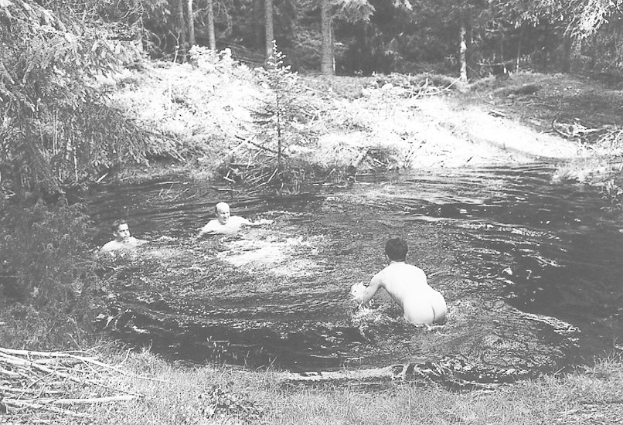 Schwarzes und weißes Bild von Menschen, die in einem Fluss umgeben von Bäumen und Gras schwimmen.