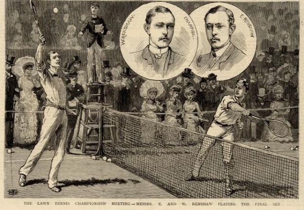Schwarze und weiße Zeichnung von zwei Männern beim Tennisspielen im Finale, mit Zuschauern im Hintergrund und Text unten, der lautet "The Lawn Tennis Championship Meeting - Messers, E und W Renshaw spielen das Finale."