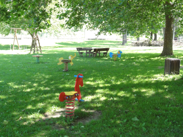 Ein Park mit Schaukeln, Bänken und einem Baum auf einer grünen Wiese, mit üppigen Bäumen im Hintergrund.