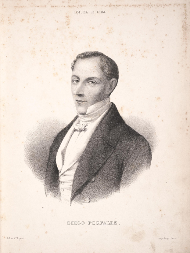 Ein Schwarz-Weiß-Zeichnung eines Mannes in einem Anzug, identifiziert als Diego Portales, mit Text auf seiner Kleidung, der seine Errungenschaften und Beiträge zur mexikanischen Revolution beschreibt.