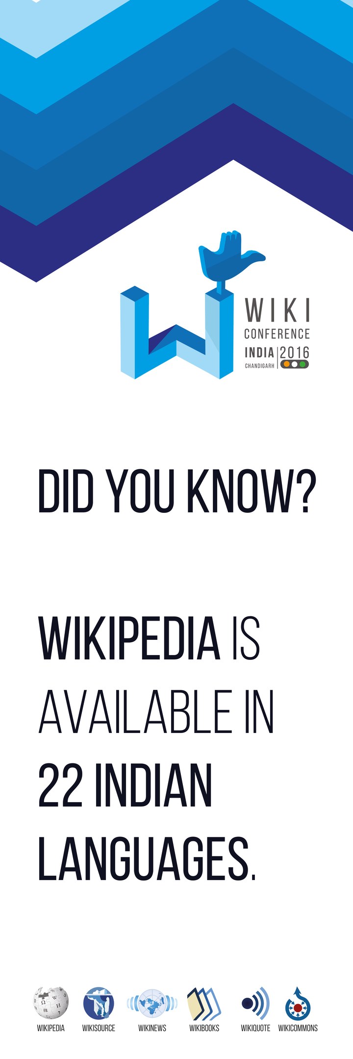 Plakat, das Wikipedia in 22 indischen Sprachen verfügbar macht, mit Text und Logos.