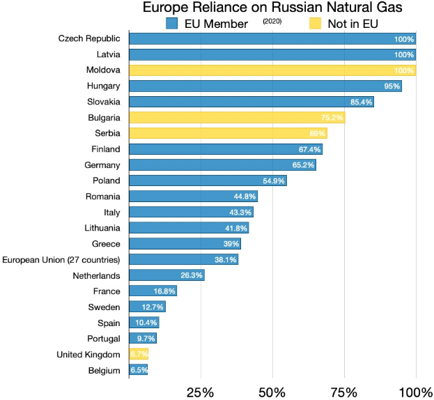 Eine Balkendiagramm, das die Abhängigkeit Europas von russischem Erdgas zeigt, mit Prozentangaben und Texten, die das Investitionsniveau angeben.