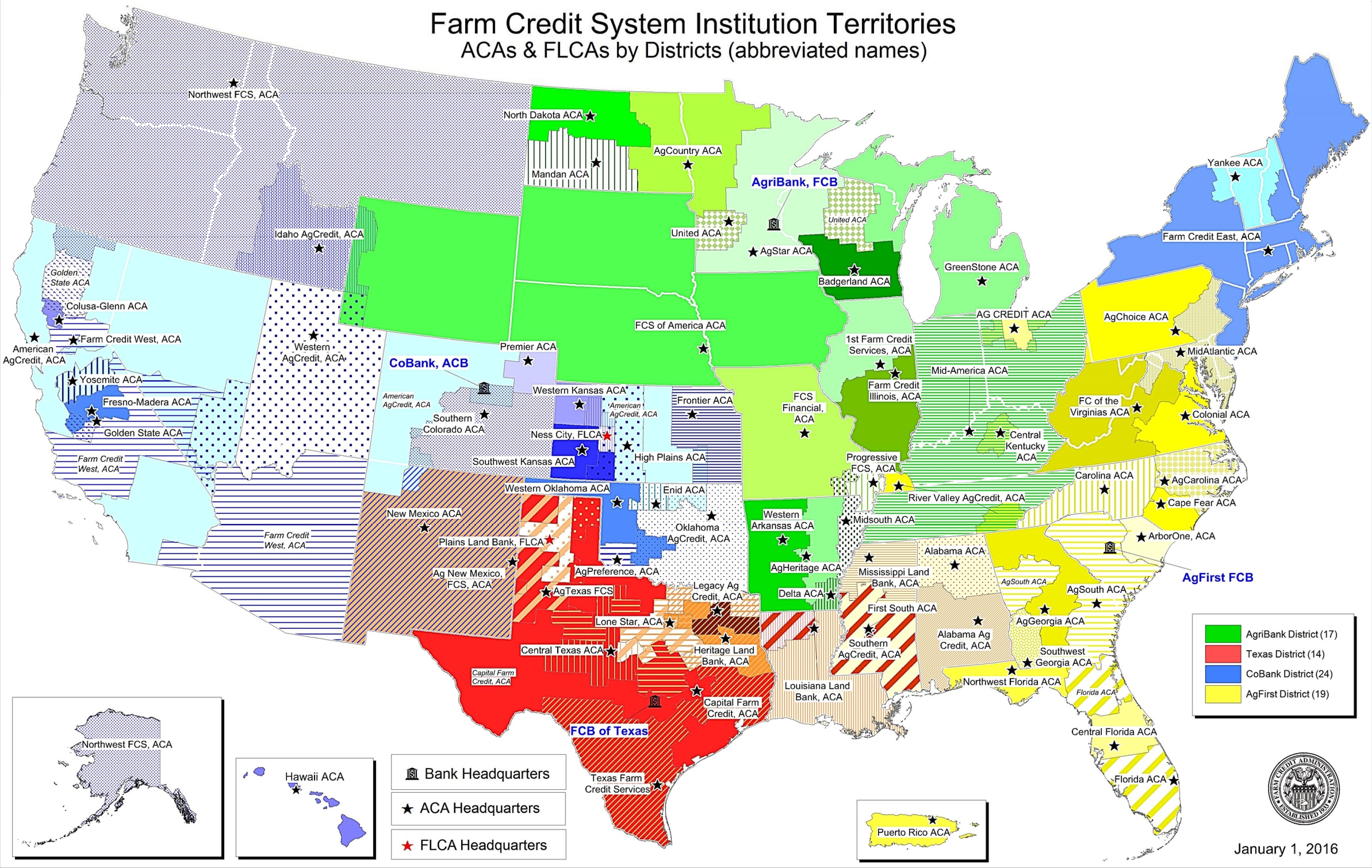Eine Karte der Vereinigten Staaten mit farblich gekennzeichneten Regionen, die verschiedene Farm Credit System-Institutionen darstellen, mit der Überschrift "Farm Credit System-Institutionen" und einem Logo in der unteren rechten Ecke.