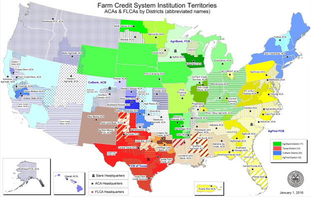 Eine Karte der Vereinigten Staaten mit farblich gekennzeichneten Regionen, die verschiedene Farm Credit System-Institutionen darstellen, mit der Überschrift "Farm Credit System-Institutionen" und einem Logo in der unteren rechten Ecke.