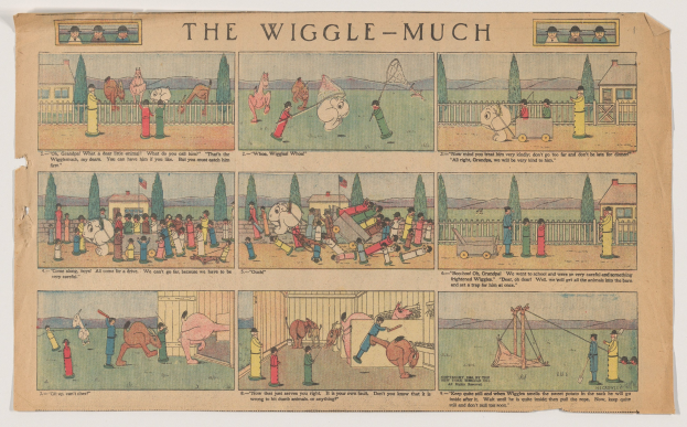 Farbenfrohe, skurrile Illustrationen und mutiger Text auf einem Papier-Comic-Strip mit dem Titel "wiggle-much."