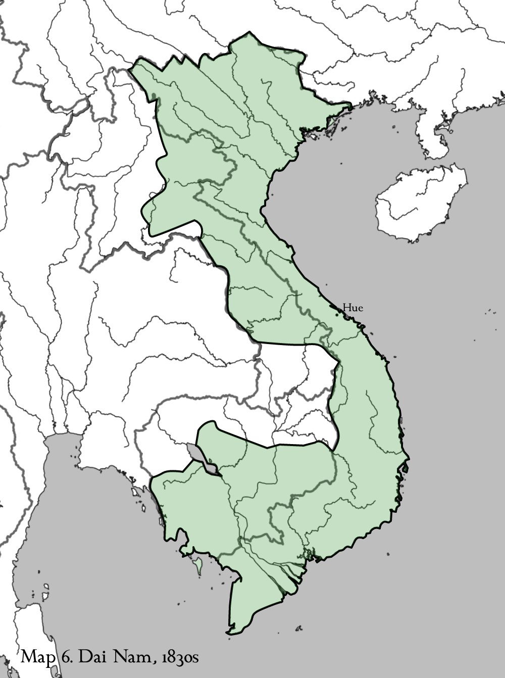Karte von Vietnam mit den Provinzen von Dai Nam in Grün hervorgehoben, begleitet von erklärendem Text unten.