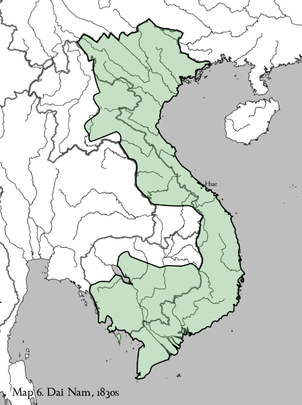 Karte von Vietnam mit den Provinzen von Dai Nam in Grün hervorgehoben, begleitet von erklärendem Text unten.