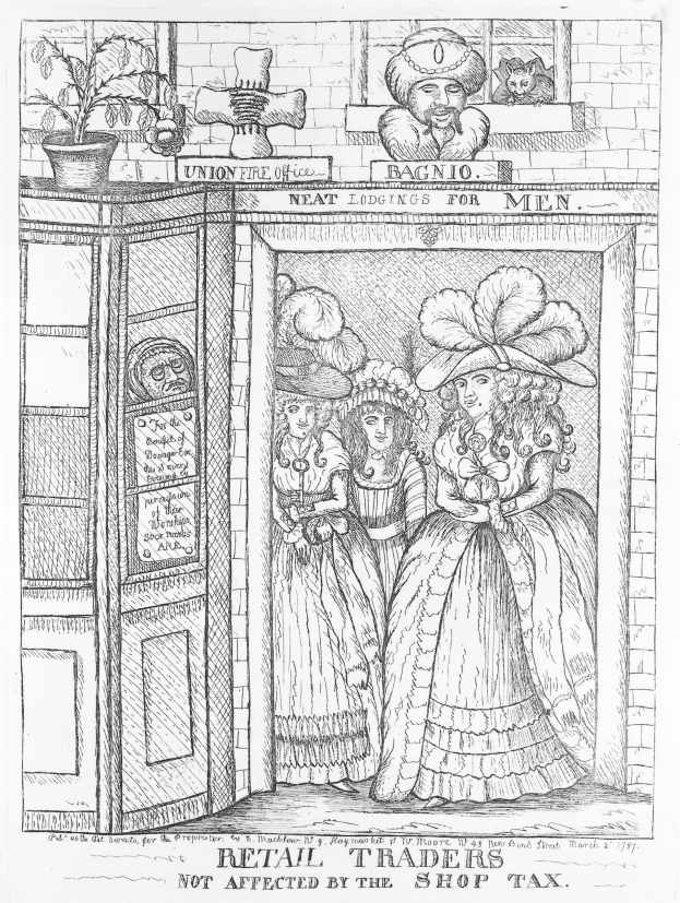 Eine Schwarz-Weiß-Zeichnung einer Frau in einem Kleid und Hut, die vor einem Geschäft steht, mit einem Schrank links von ihr und einem Topf mit einer Pflanze darauf, und Text unten, der "Handelshändler nicht von der Shop-Steuer betroffen" lautet.