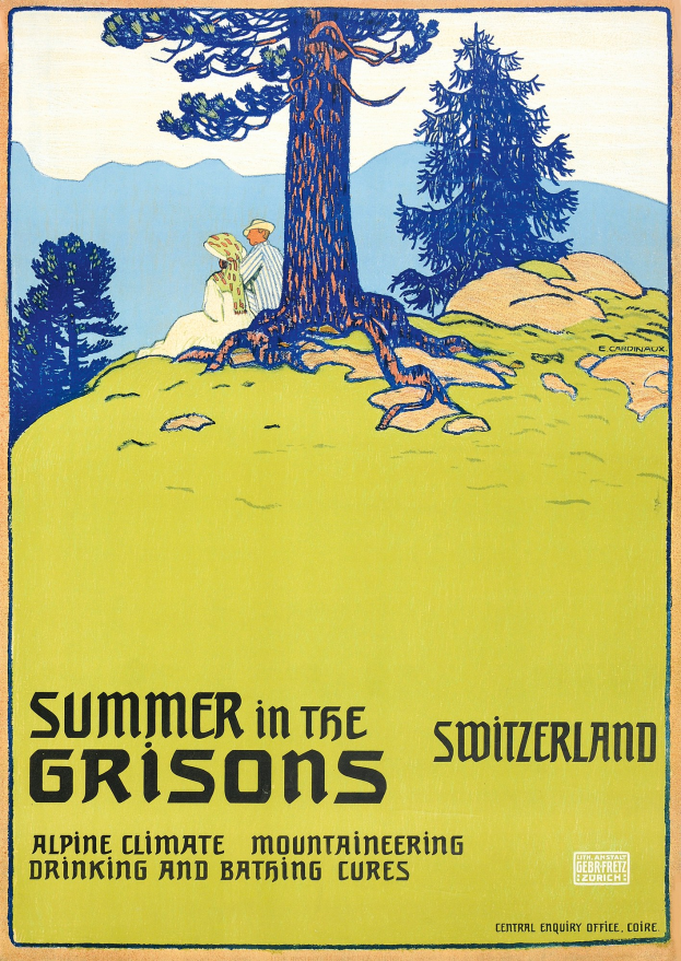 Sommer im Schweizer Kanton Graubünden Plakat mit üppigen grünen Bäumen, sanften Hügeln und einem strahlend blauen Himmel, mit Werbetext.