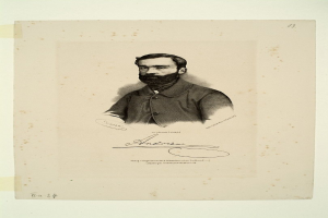 Ein Schwarz-Weiß-Foto eines bärtigen Mannes in einem Anzug, der als Andrew Jackson identifiziert wird, mit einem ernsten Gesichtsausdruck und Text auf dem Papier vor ihm.