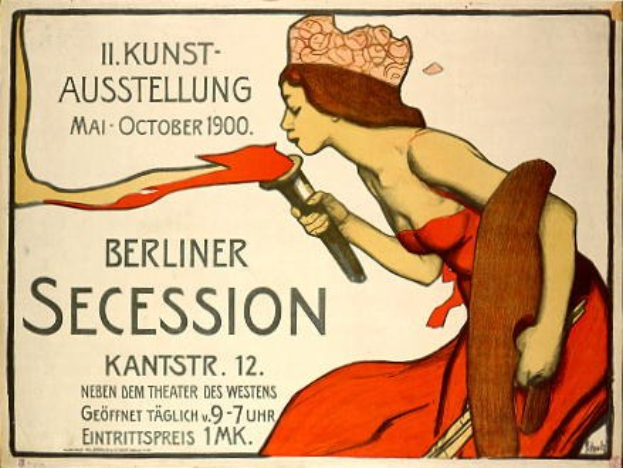 Plakat aus dem Jahr 1900 der Berliner Secession mit einer Frau in rotem Kleid, die ein Objekt hält, und Text mit Veranstaltungseinzelheiten.
