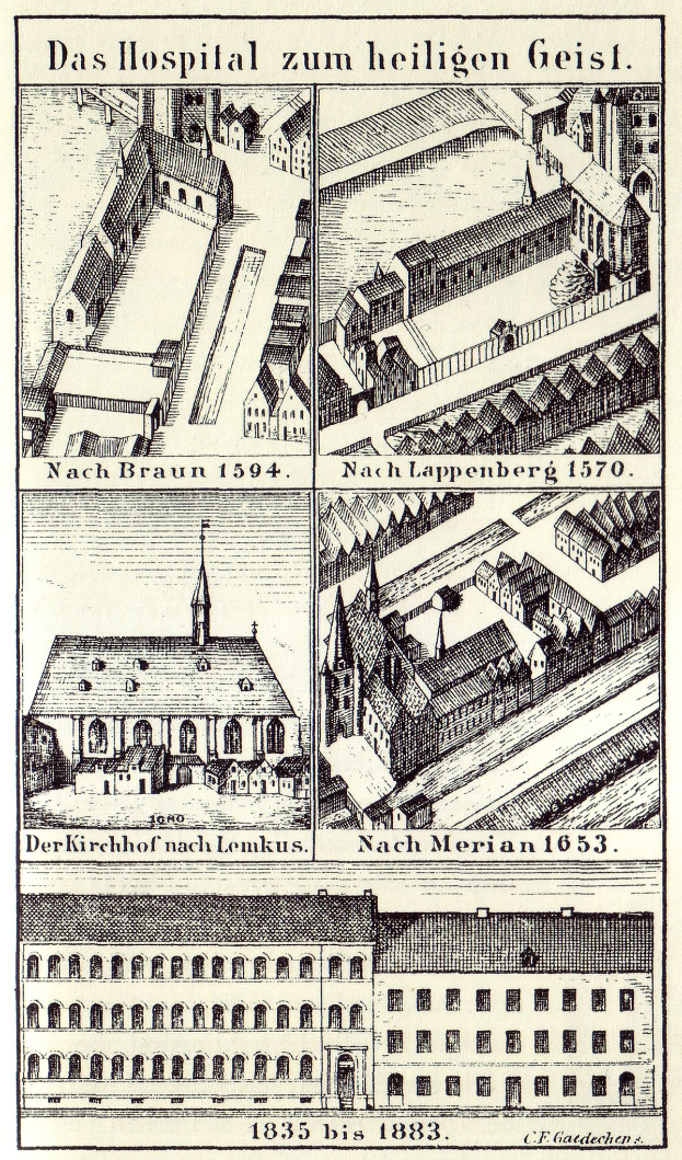 Eine detaillierte Plakatillustration eines deutschen Krankenhauses mit Gebäuden, Fenstern, Türen, Balkonen und begleitendem Text über seine Größe, Lage und Merkmale.