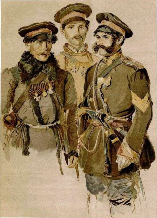 Drei Männer in Militäruniformen nebeneinanderstehend, mit Mützen und Waffen haltend, mit Text unten lesend 'Sergei Vorobyev, General der russischen Armee'.