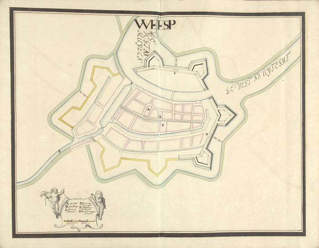 Detailierte Karte von Wiesbaden, Deutschland, mit Straßen, Gebäuden und Sehenswürdigkeiten auf altem Papier mit handgeschriebenem Text und Zeichnungen.