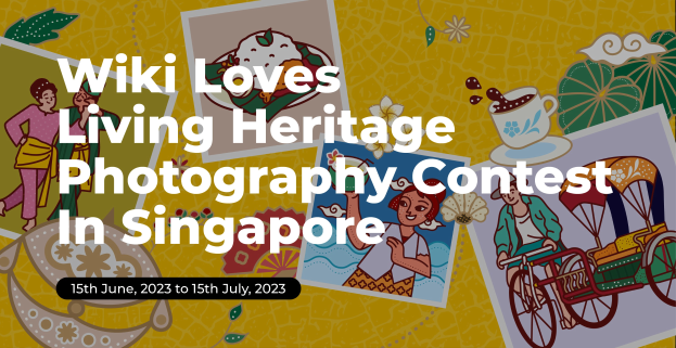 Plakat für den "Wiki Loves Living Heritage Photography Contest in Singapore" mit Bildern von Menschen, einer Rikscha, einer Tasse mit Untertasse und anderen Gegenständen.