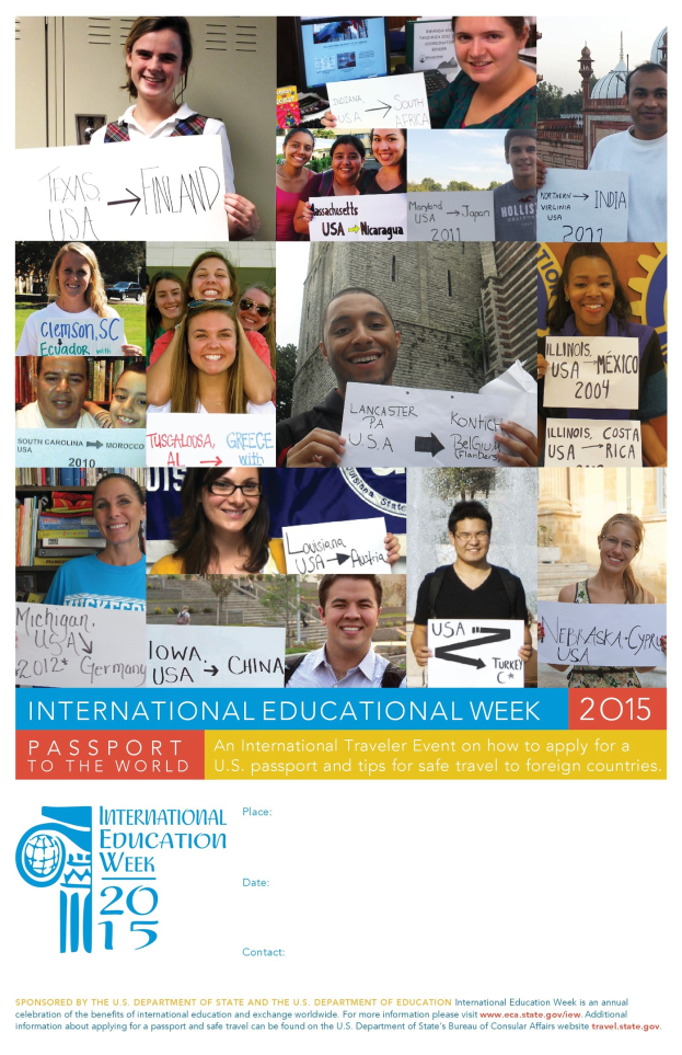 Plakat für die Internationale Bildungswoche 2015 mit einer Gruppe strahlender Menschen mit Schildern.