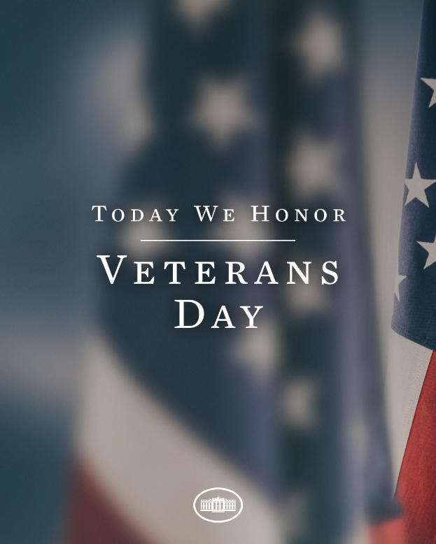 Plakat mit der Aufschrift "Heute ehren wir den Veteranentag" mit einer amerikanischen Flagge auf der rechten Seite.