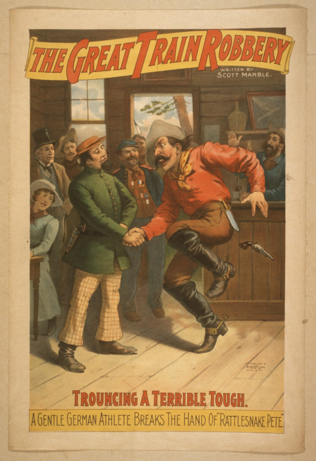 Ein Plakat, das eine Gruppe von Menschen zeigt, die drinnen stehen, einer hält eine Waffe, mit Text oben und unten: "Die große Zugüberfall - Trouching ein schreckliches Tough".