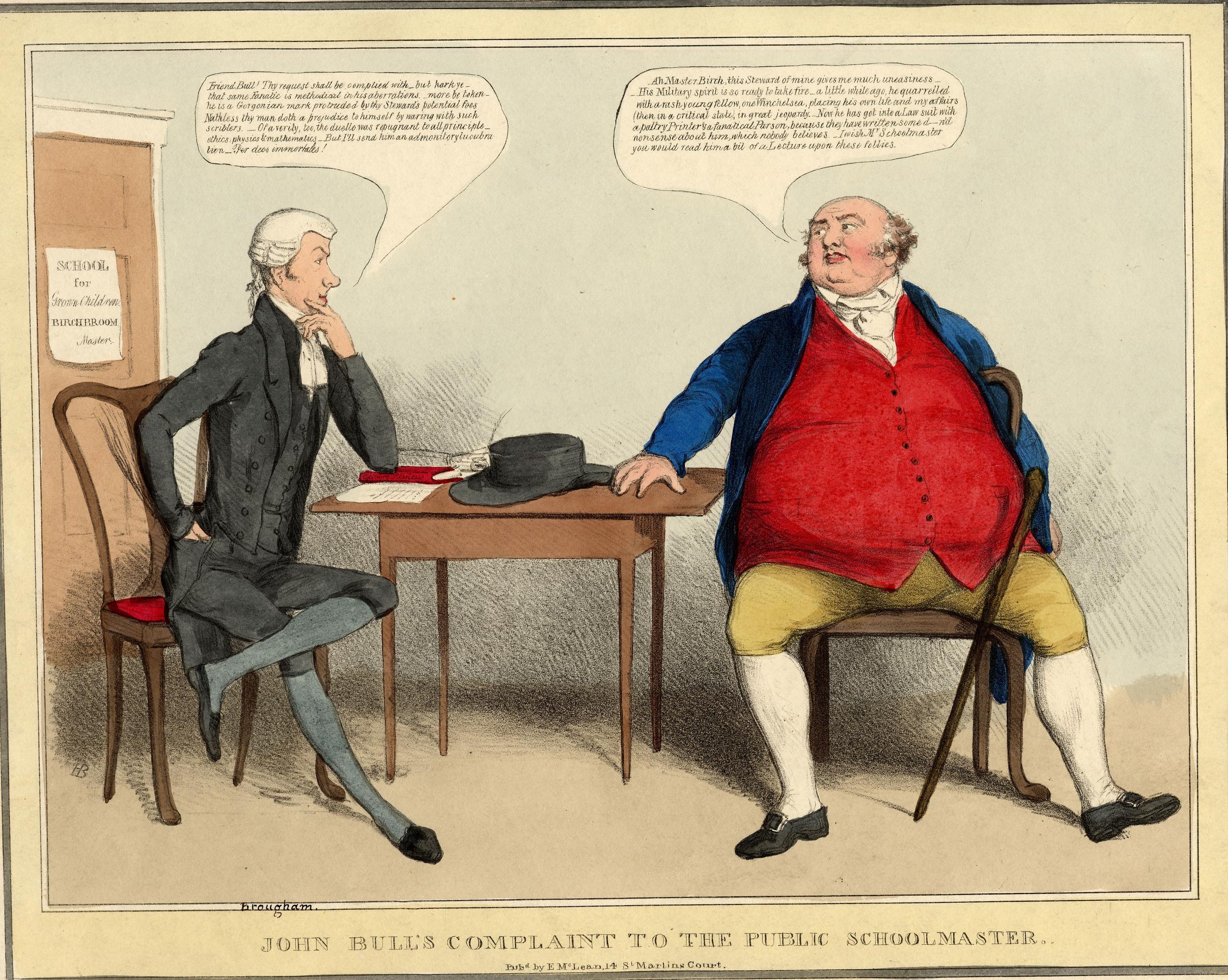 John Bull sitzt einem sitzenden Volksschullehrer gegenûer an einem Tisch mit einem Hut und Papieren, wöhrend eine Tür und ein wandmontiertes Papier im Hintergrund sichtbar sind.