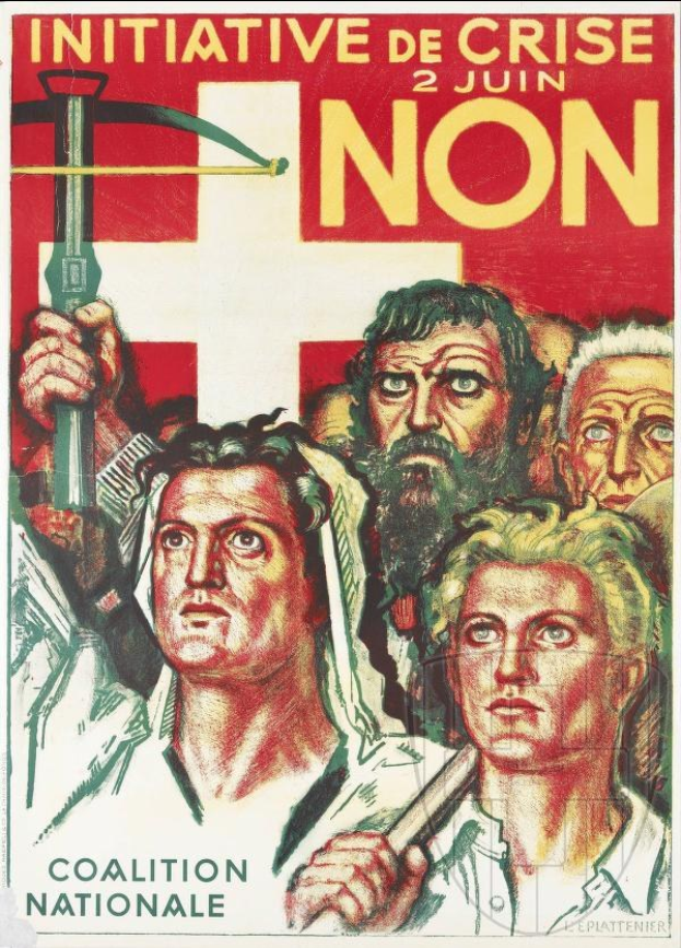 Plakat für die Coalition Nationale, eine nicht-regierungsgebundene Initiative, mit einer Gruppe von Menschen, die einen Hammer und eine Sichel halten, und Text, der Informationen über die Organisation und ihre Mission enthält.