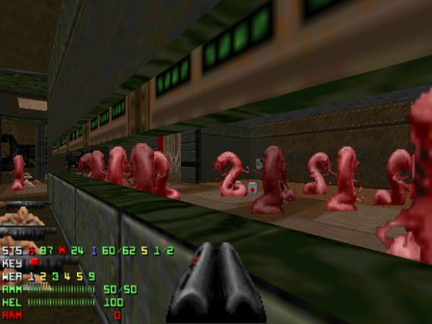 Screenshot eines Ego-Shooter-Spiels, *Doom II*, mit mehreren Zombies in einem Raum und einer Waffe unten sowie Spielstatistiken links.