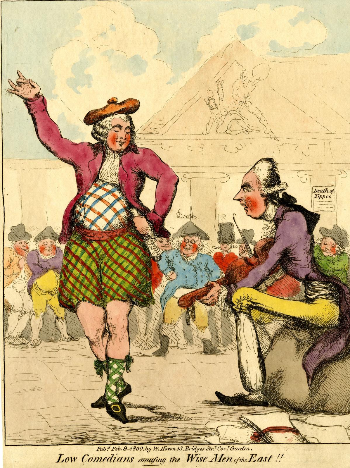 Zeichnung eines Mannes in einem Kilt und einer Frau in einem Kleid, die vor einer Menge stehen, mit einem Gebäude und Wolken im Hintergrund und Text unten, der 'Niedrige Komiker, die die weisen Männer des Ostens unterhalten' lautet.