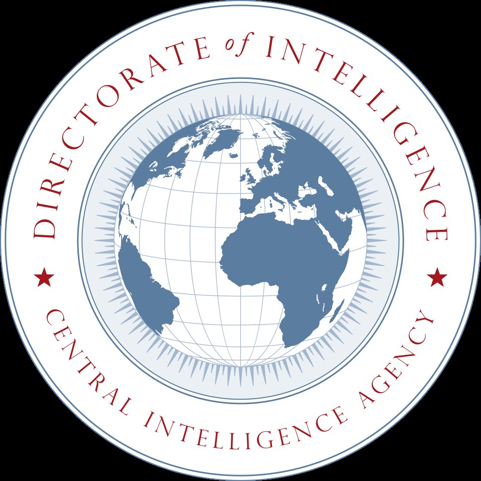 Blauer Kreis mit einem weißen Stern in der Mitte, weißer Rand und weißer Text "Direktorat für Aufklärung" um den Rand auf blauem Hintergrund.