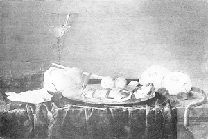 Ein Schwarz-Weiß-Stillleben eines Tisches mit einer Decke, einem Teller mit Essen, einem Glas und anderen Gegenständen.