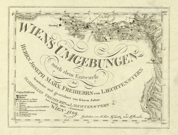 Ein detaillierter alter Stadtplan von Wien, Deutschland, mit Städten, Dörfern, geografischen Merkmalen und Text mit Informationen zur Bevölkerung, Straßen und Sehenswürdigkeiten.