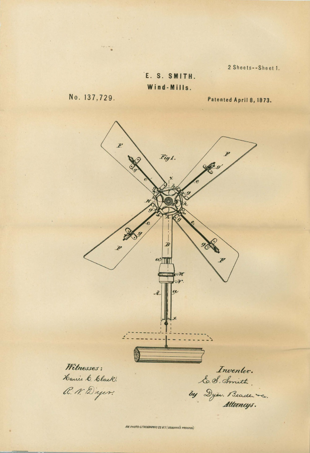 Ein altes Buch mit einer detaillierten Zeichnung einer Windmühle, mit sichtbaren Flügeln und Propellern, begleitet von beschreibendem Text.