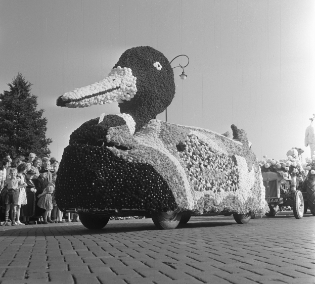 Schwarzes und weißes Foto eines Paradewagens in Form einer Ente, geschmückt mit Blumen, mit Menschen auf der linken Seite und Bäumen im Hintergrund.