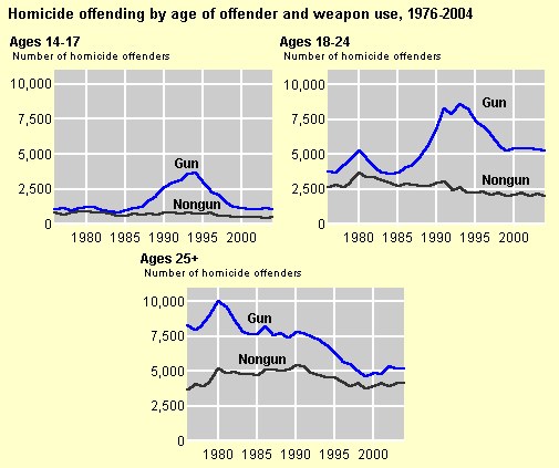 Grafik, die die Homicid-Rate nach Alter des Täters und Waffengebrauch von 1976 bis 2004 zeigt, mit begleitendem erklärendem Text.