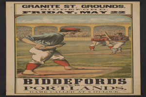 Plakat eines Baseball-Spiels zwischen Biddeford und Portland mit einem Mann in Baseball-Ausrüstung und entschlossener Miene