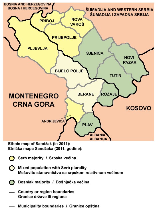 Detailierte Karte von Montenegro, die Provinzen, Städte, Ortschaften und geografische Merkmale mit beschrifteten Grenzen und Text zeigt.