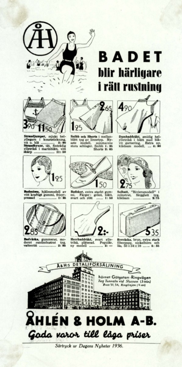 Anzeige für einen weißen und blauen gestreiften Bikini mit einer Frau mit einem Pferdeschwanz, die direkt in die Kamera schaut, umgeben von Bildern von Menschen, Gebäuden und fettem Text in einer modernen Umgebung.