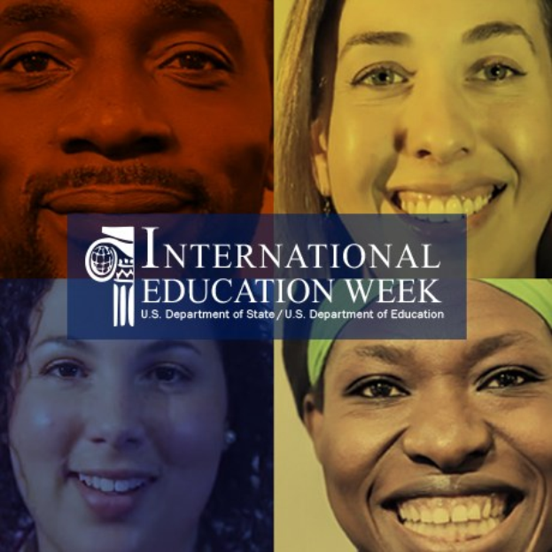 Collage aus vier verschiedenen Menschen, die "International Education Week" Text in der Mitte lächeln.