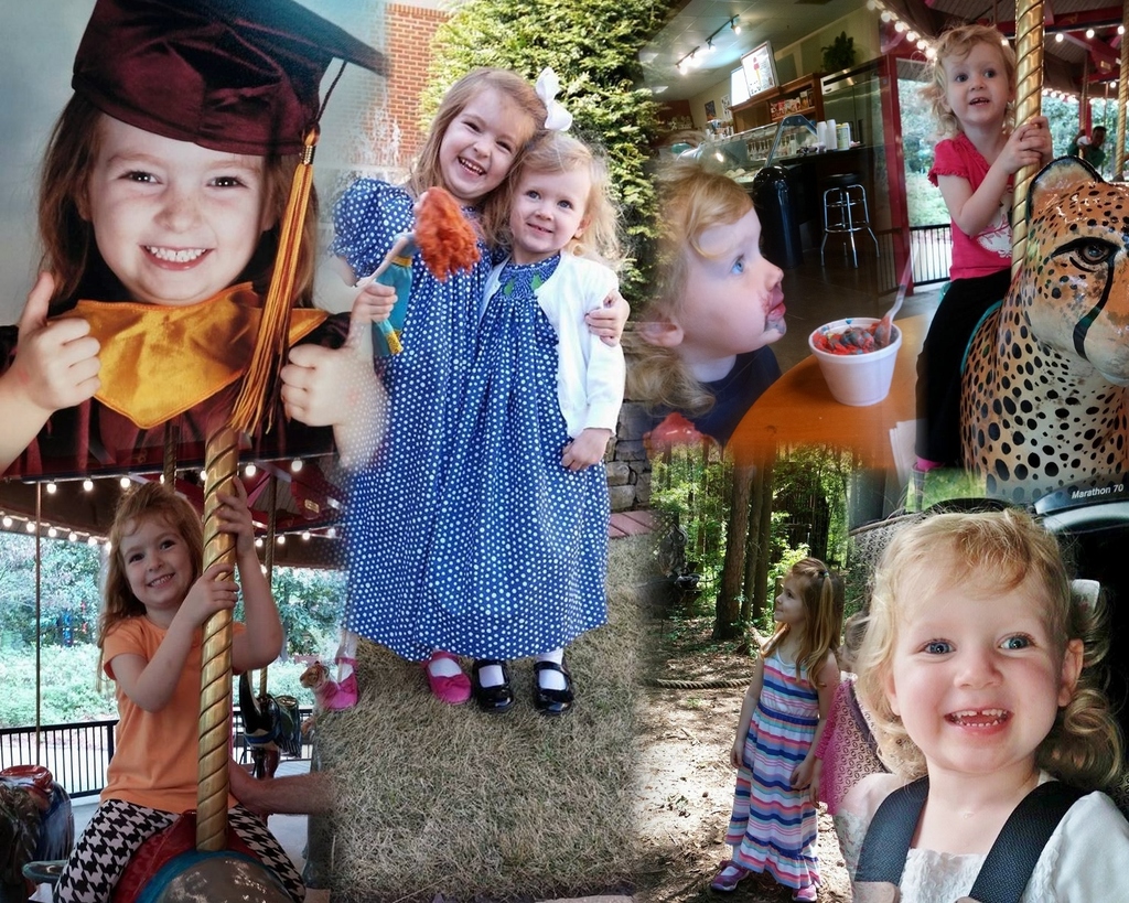 Ein Collage-Bild mit Vergnügungspark-Fahrgeschäften, einem Tisch mit Lebensmitteln einschließlich eines Bechers und eines Löffels, verschiedenen Gegenständen, Lichtern, einer Wand, Büschen, Bäumen, Gras, einem Seil und einem Hut.