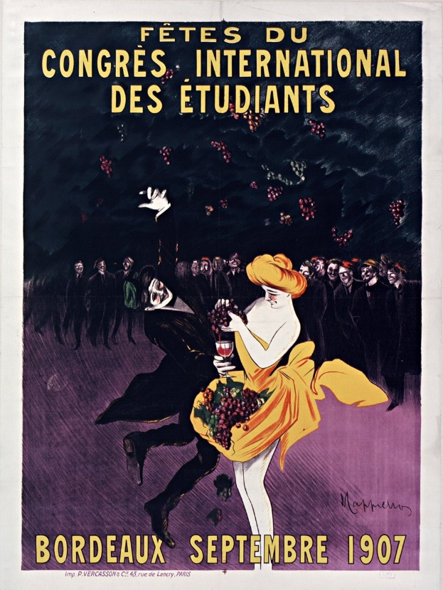 Plakat aus dem Jahr 1907 für eine Weinprobe in Bordeaux, Frankreich, mit einer Frau in gelbem Kleid, die ein Weinglas hält und von einer Menge umgeben ist, mit Text zur Beschreibung des Events.