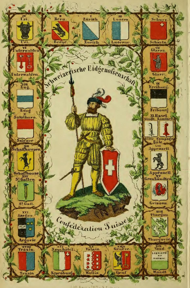 Ein altes Buchillustration zeigt einen Mann in einem gelben Anzug, Helm und Cape, der ein Schwert und einen Schild hält und vor einem Schild mit einem Kreuz steht, umgeben von verschiedenen Flaggen und dem Text "Confederation of Switzerland".
